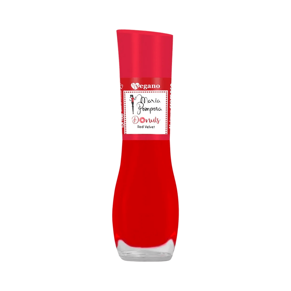 Frasco do Esmalte Mohda Maria Pomposa Donuts Red Velvet, vermelho intenso com selo Vegano