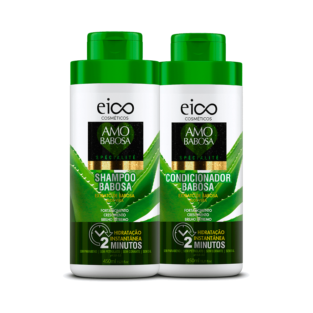 Kit Eico Amo Babosa shampoo e condicionador 450ml - frente dos frascos com ilustração de babosa
