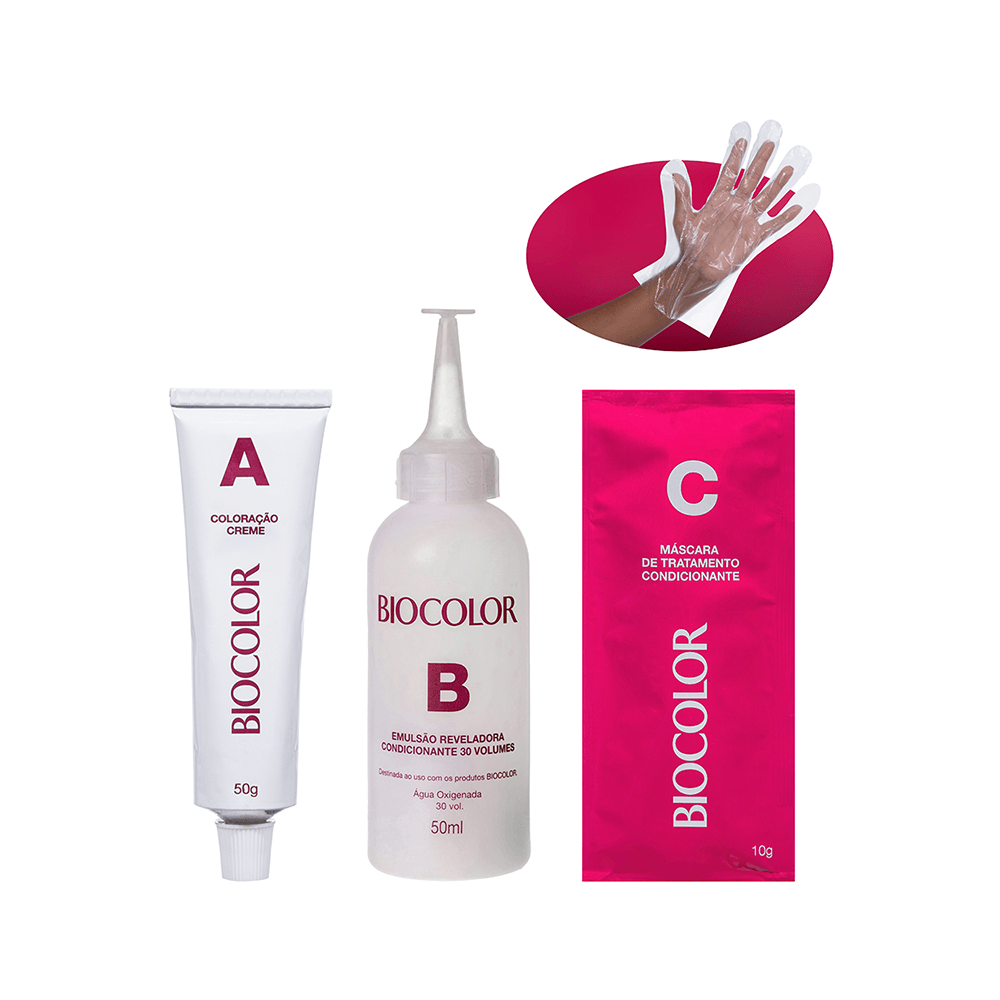 Conteúdo do kit Biocolor 6.1 com bisnaga, frasco aplicador e sachê de máscara