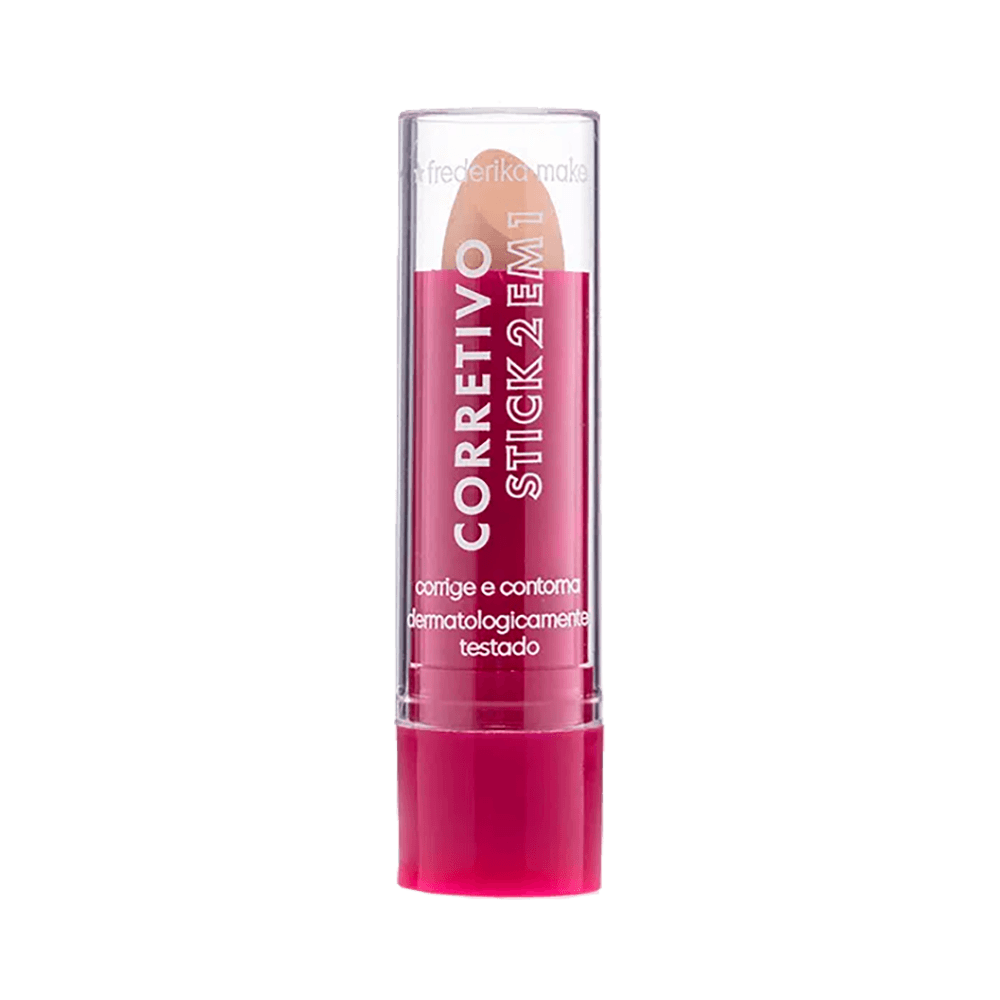 Corretivo Bala Stick 2 em 1 Frederika 01 embalagem rosa e produto bege claro