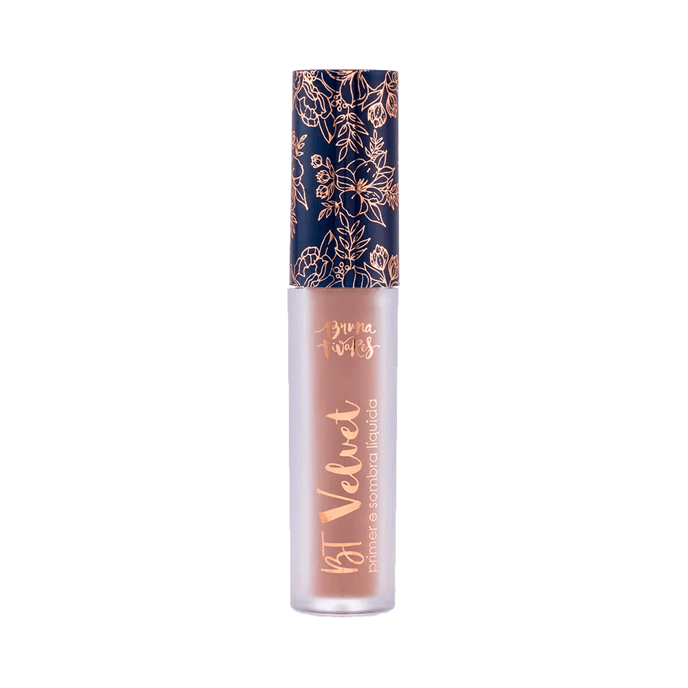 Sombra Líquida e Primer Bruna Tavares BT Velvet Cappuccino - frasco translúcido com tampa azul marinho e detalhes dourados