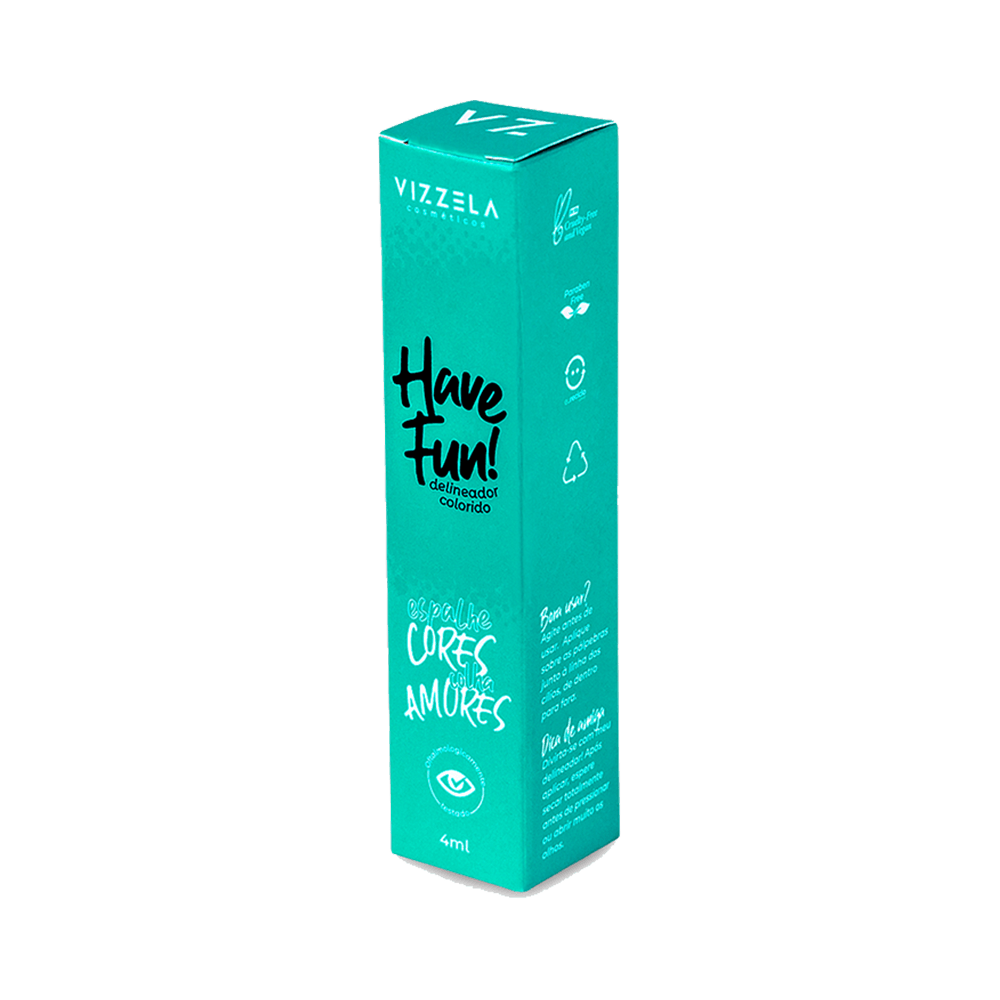 Caixa do delineador Vizzela Have Fun Verde 4ml com ícones de vegano e cruelty-free