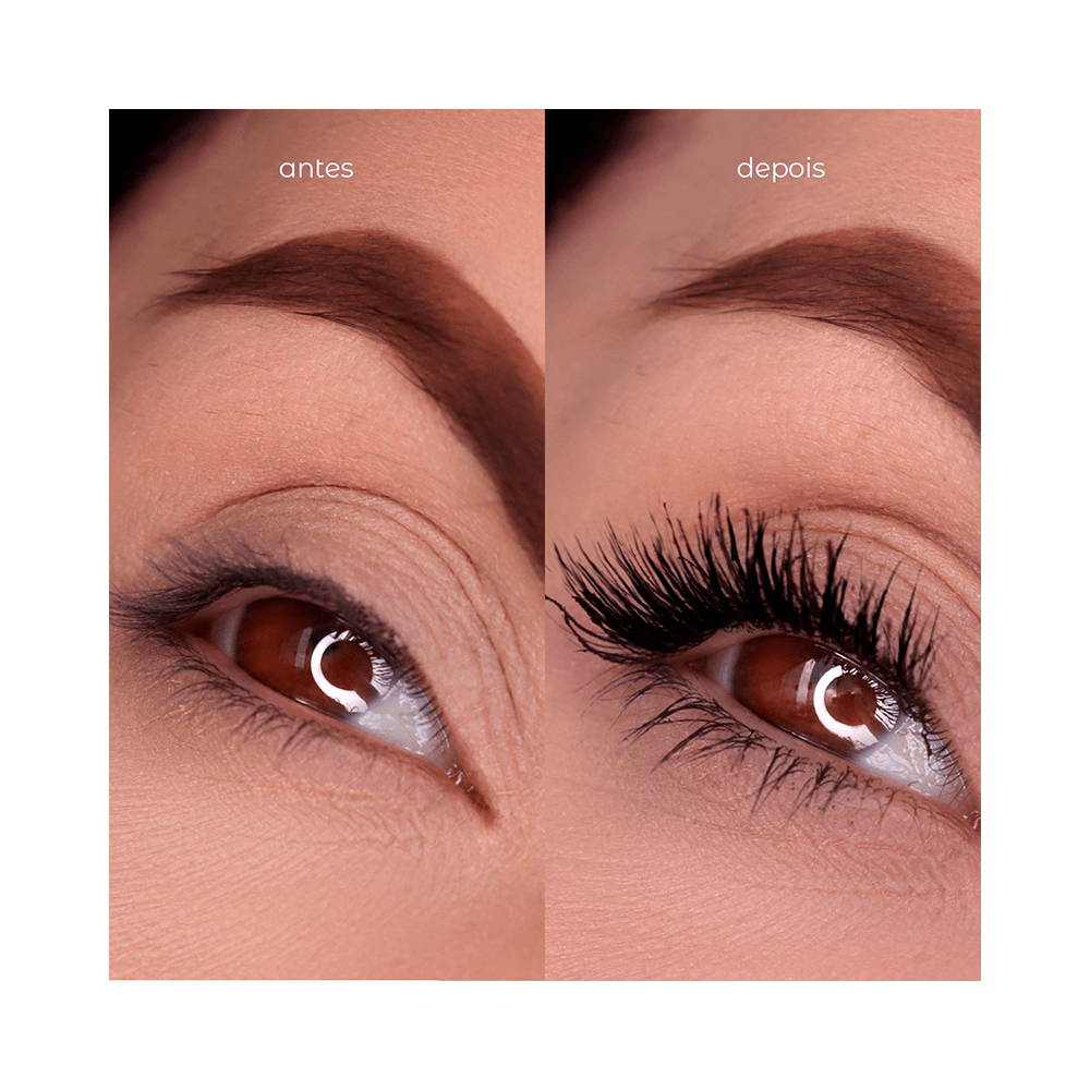 Antes e depois do uso da Máscara de Cílios Vizzela Girl Power mostrando volume e curvatura