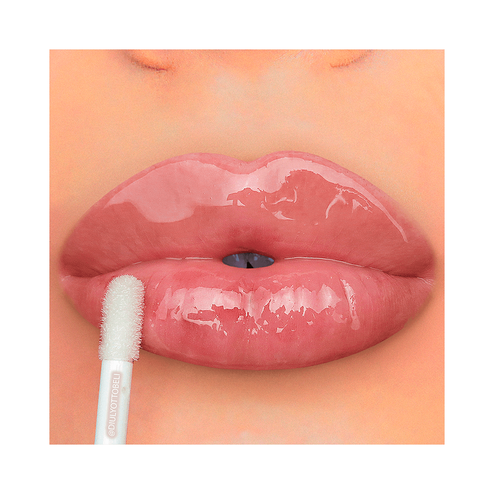 Aplicação do gloss Vizzela nos lábios mostrando brilho e volume