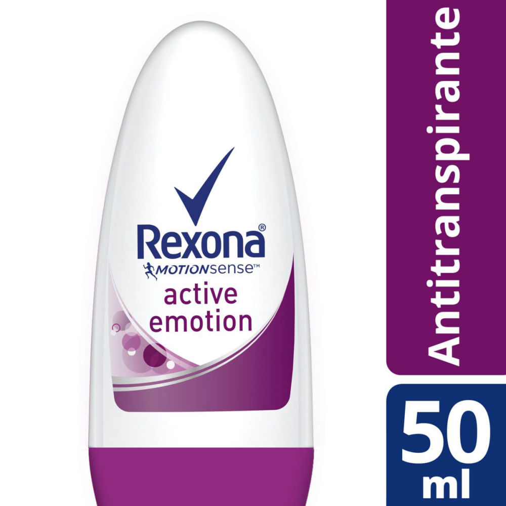 Close-up da embalagem do Desodorante Rexona Roll-on Feminino Active Emotion 50ml