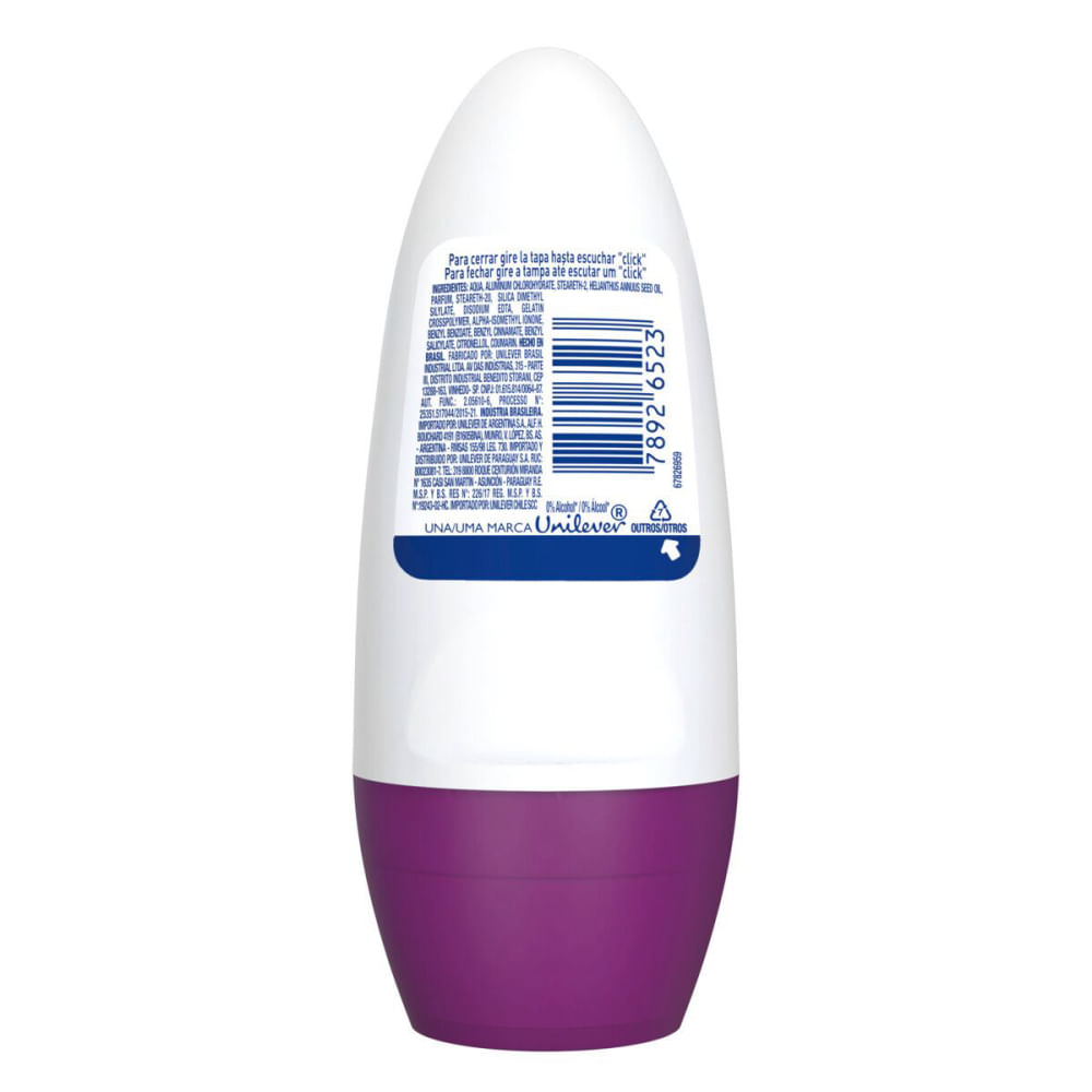 Verso do desodorante Rexona Roll-on Feminino Active Emotion mostrando informações e modo de uso