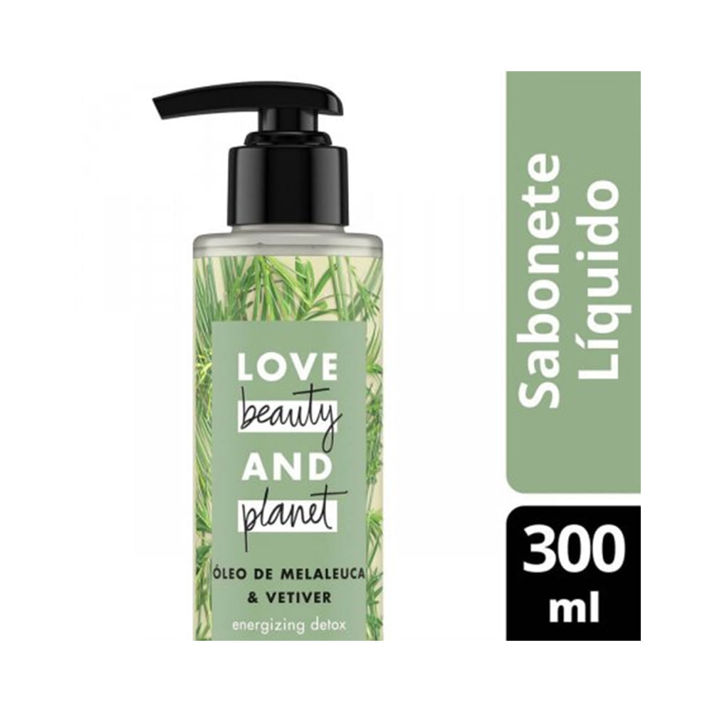Frasco de sabonete líquido Love Beauty and Planet Energizing Detox 300ml, rótulo verde com folhas