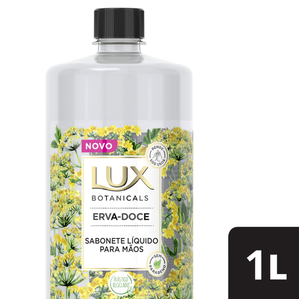 Sabonete Líquido Lux Botanicals Erva-Doce 1L - embalagem frontal com rótulo branco e ilustrações florais