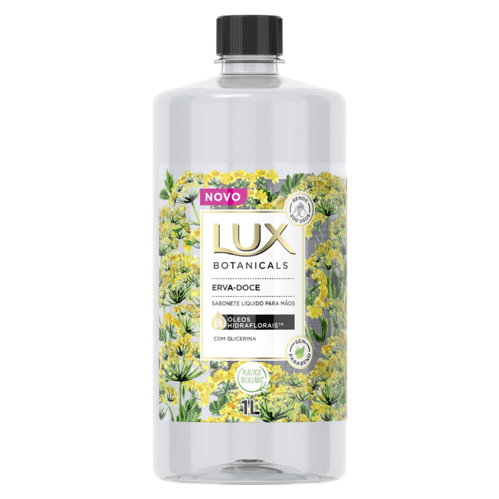 Detalhe do rótulo Lux Botanicals Erva-Doce destacando óleos hidraflorais e selo sem parabenos