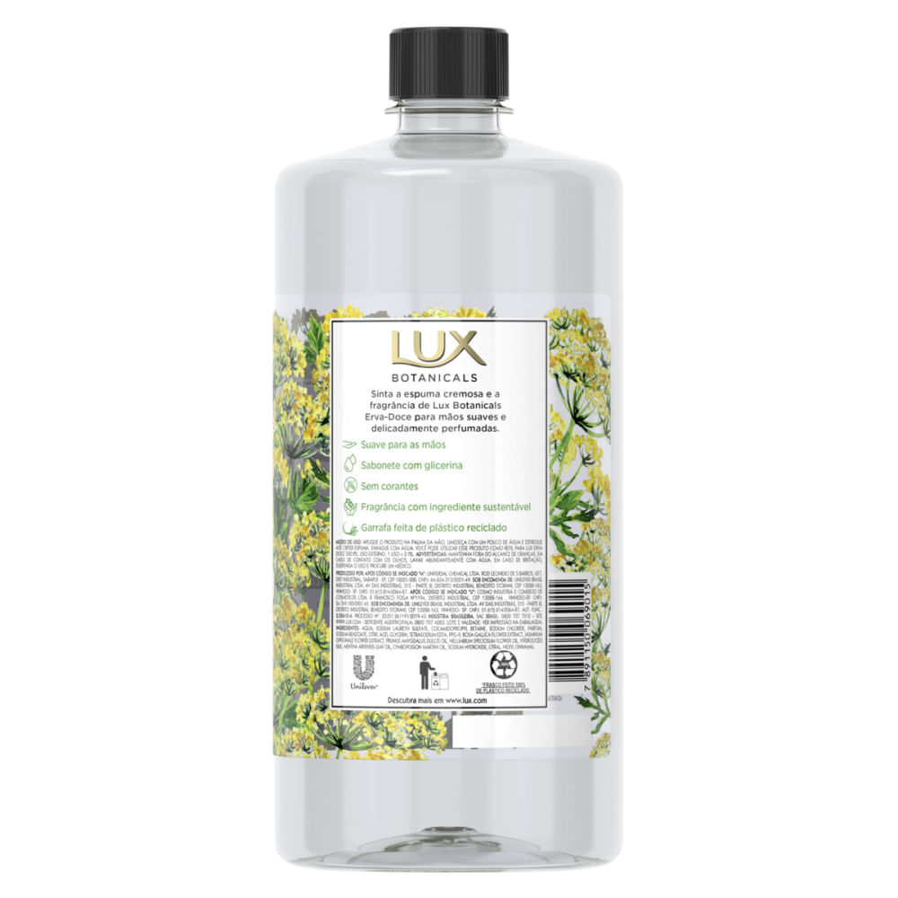 Imagem traseira do sabonete Lux Botanicals com informações de rótulo e composição
