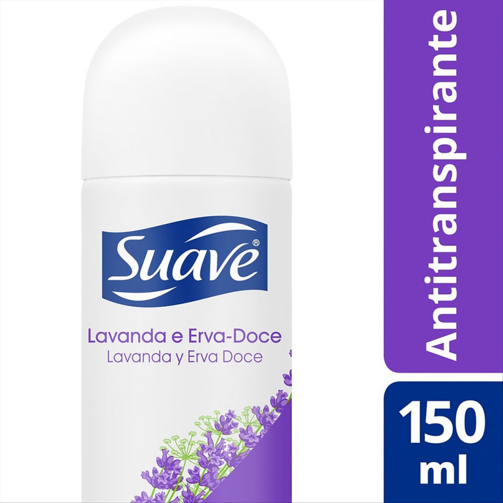 Desodorante Suave Lavanda e Erva Doce Aerosol 150ml - frasco branco e roxo com ilustração de lavanda
