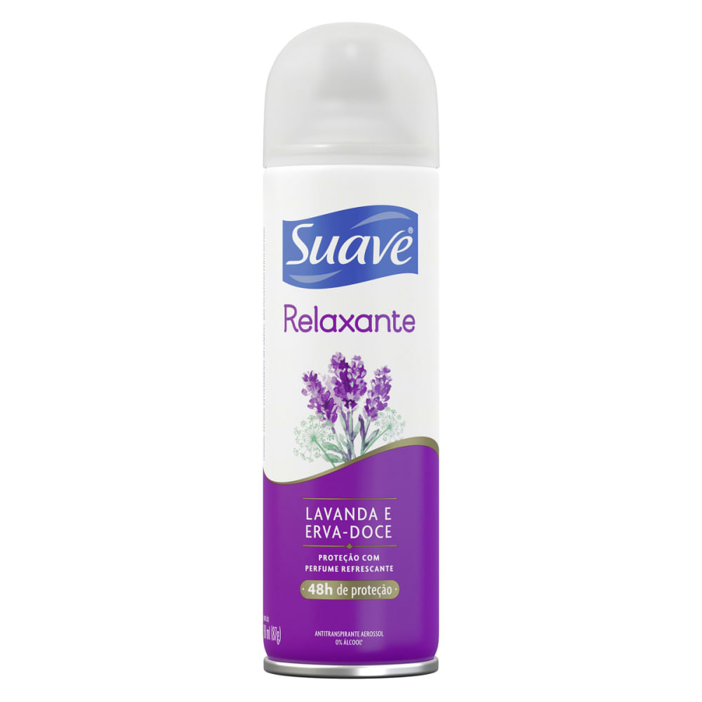 Detalhe da embalagem aerosol Suave, rótulo com flores de lavanda e indicação 'Relaxante' 48h