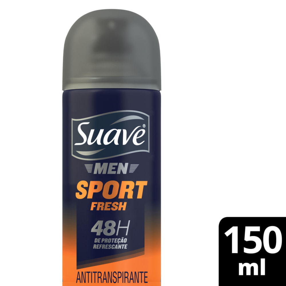 Frontal do desodorante Suave Men Sport Fresh aerosol 150 ml com degradê azul e laranja
