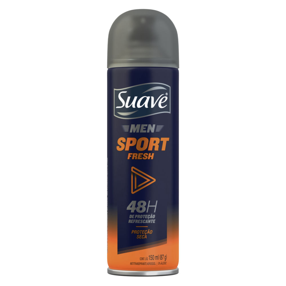 Desodorante Suave Men Sport Fresh em embalagem aerosol com tampa cinza fosca