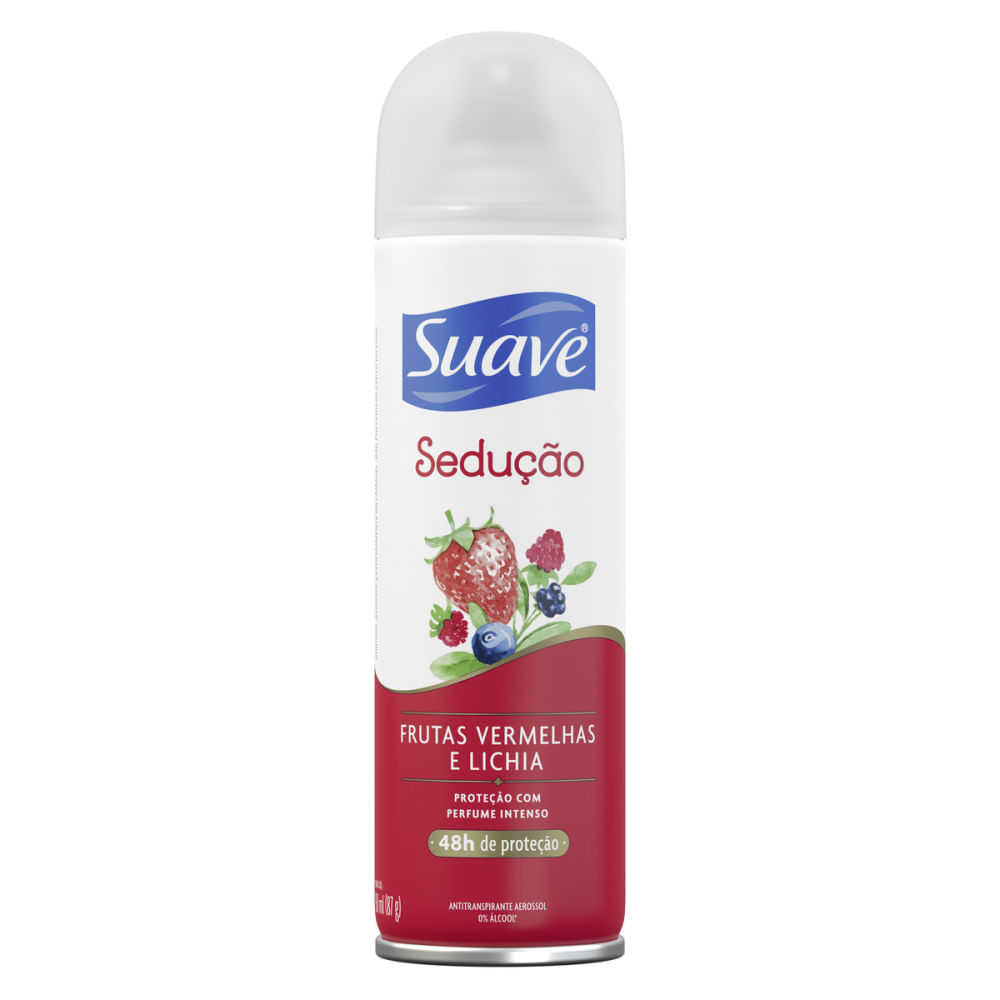 Rótulo com ilustração de frutas vermelhas e lichia no desodorante Suave 150ml
