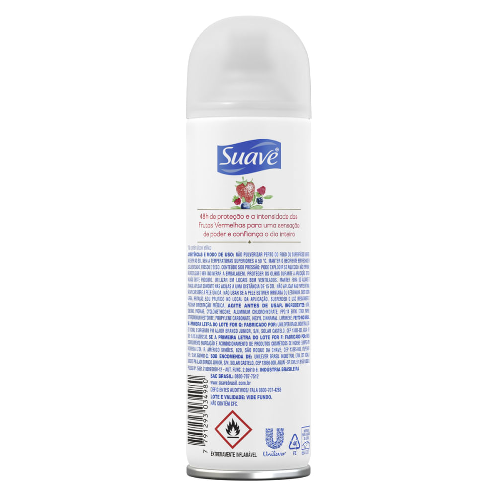 Verso do desodorante Suave mostrando informações de uso e ingredientes