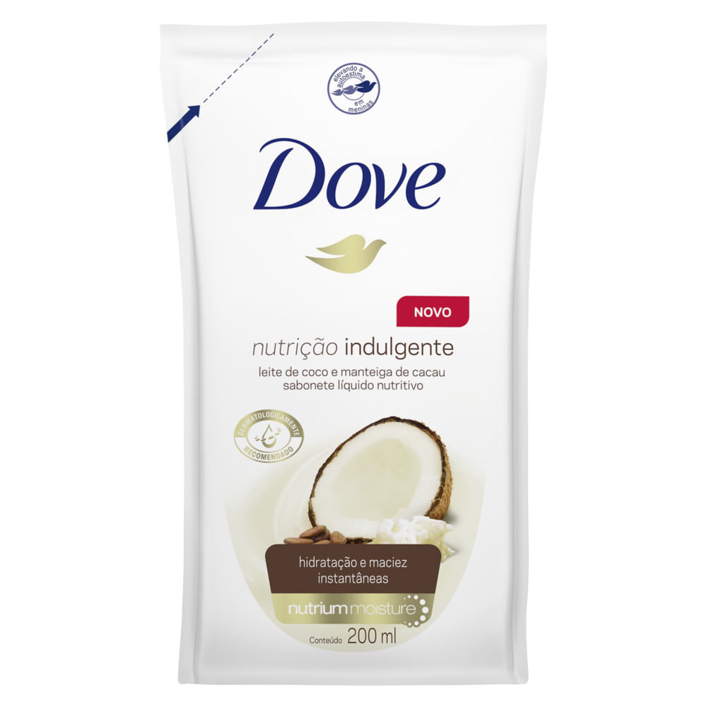 Embalagem do refil Dove Nutrição Indulgente mostrando ingredientes e selo dermatológico