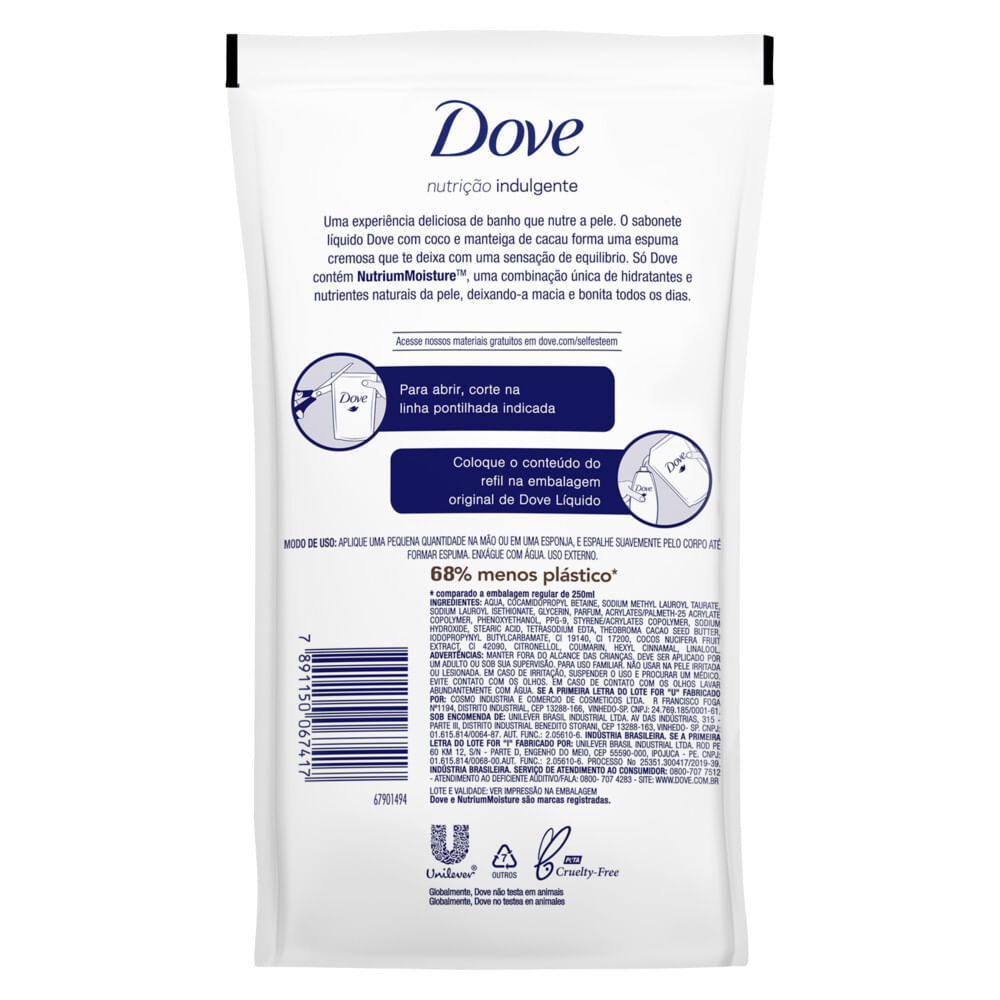 Verso da embalagem do refil Dove com informações de uso, composição e selo de sustentabilidade