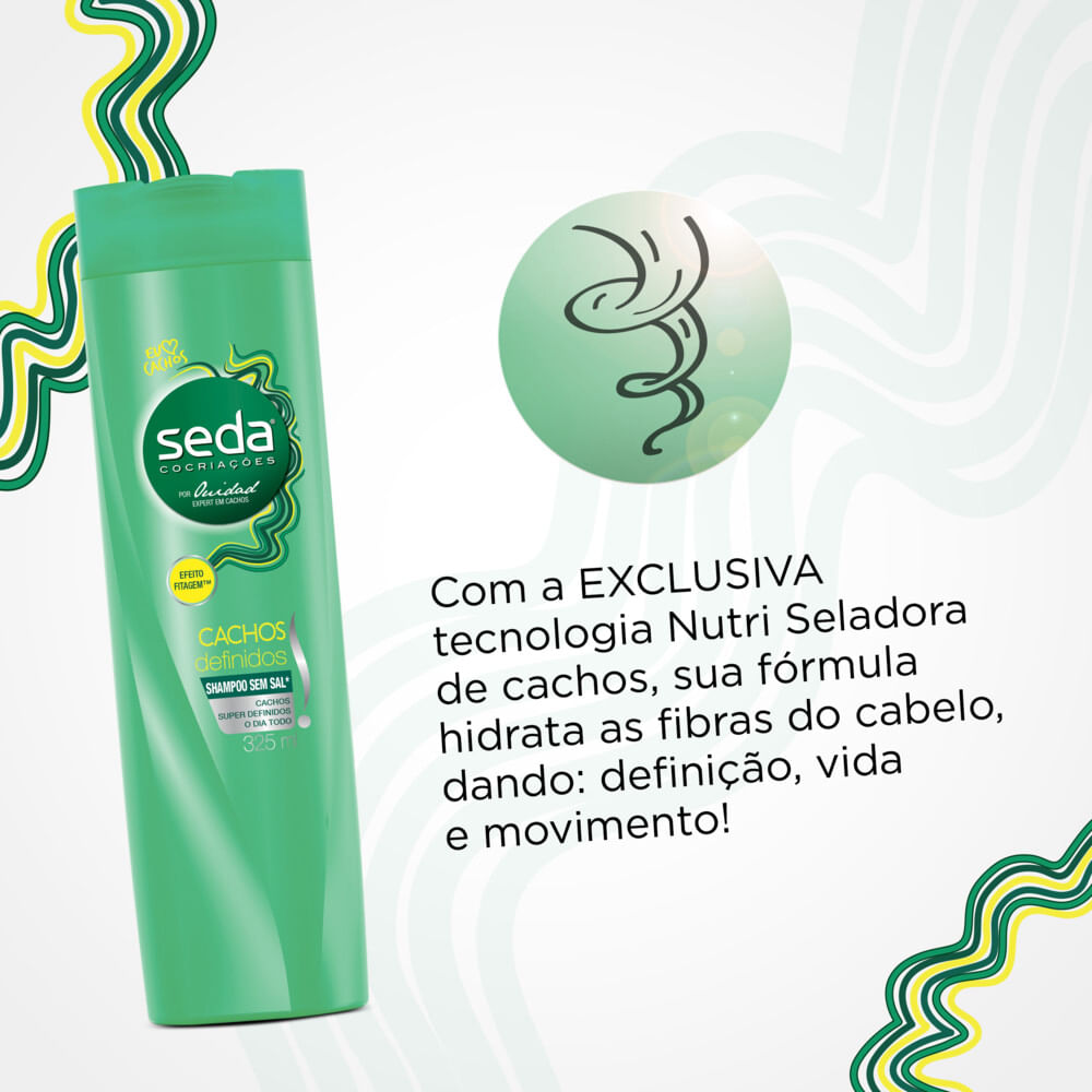 Shampoo Seda Cachos Definidos ao lado de destaque da tecnologia Nutri Seladora