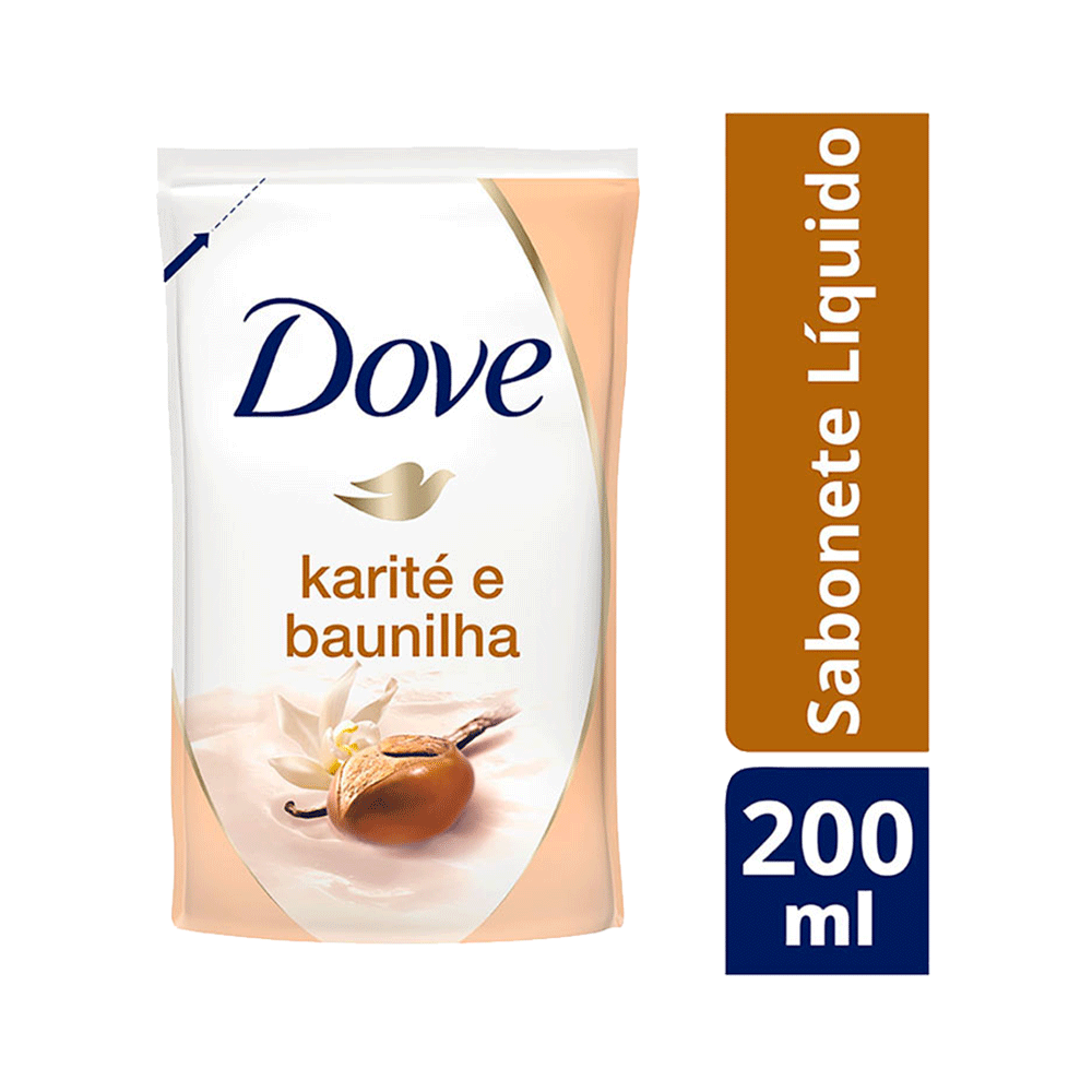 Detalhe do refil Sabonete Líquido Dove Karité e Baunilha mostrando ingredientes