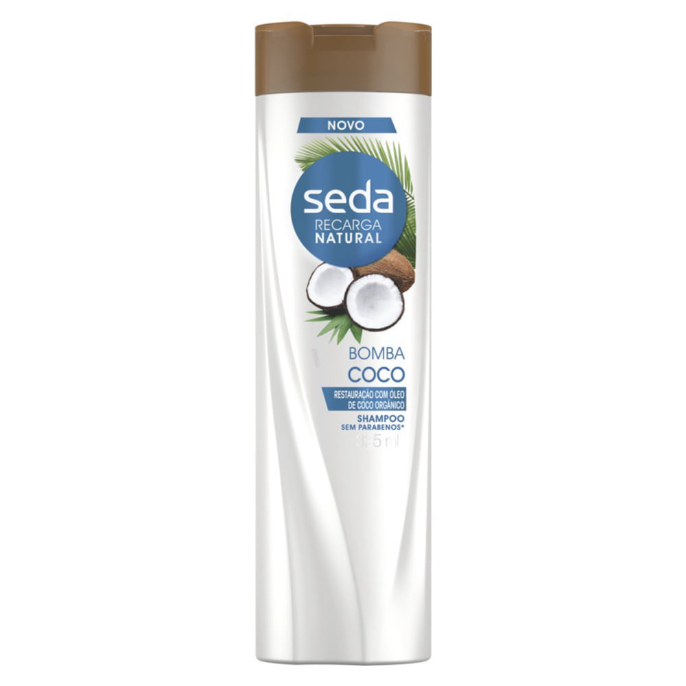 Frontal do Shampoo Seda Bomba Coco 325ml com imagem de coco e rótulo branco e azul
