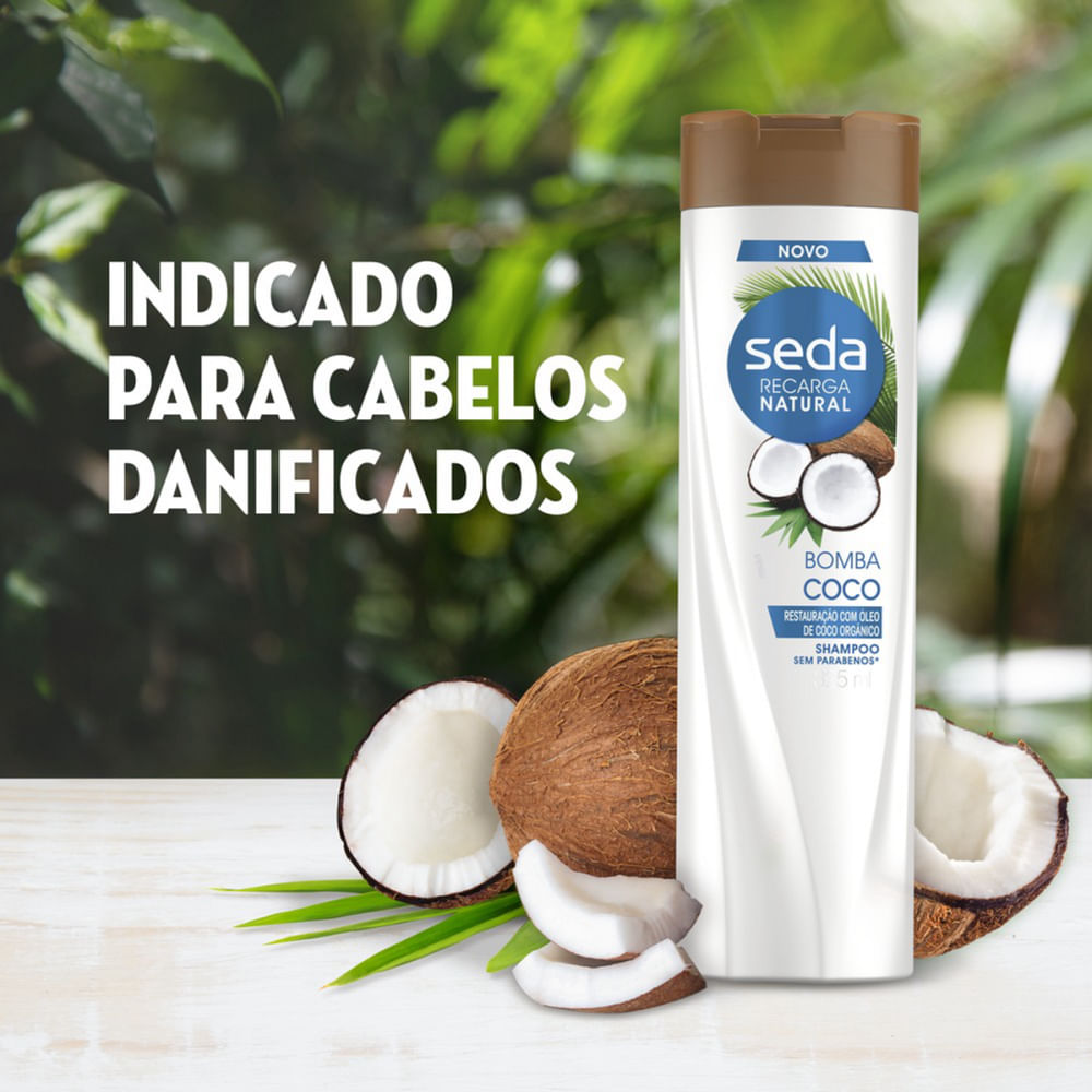 Shampoo Seda Bomba Coco 325ml em cenário natural com cocos e folhas verdes