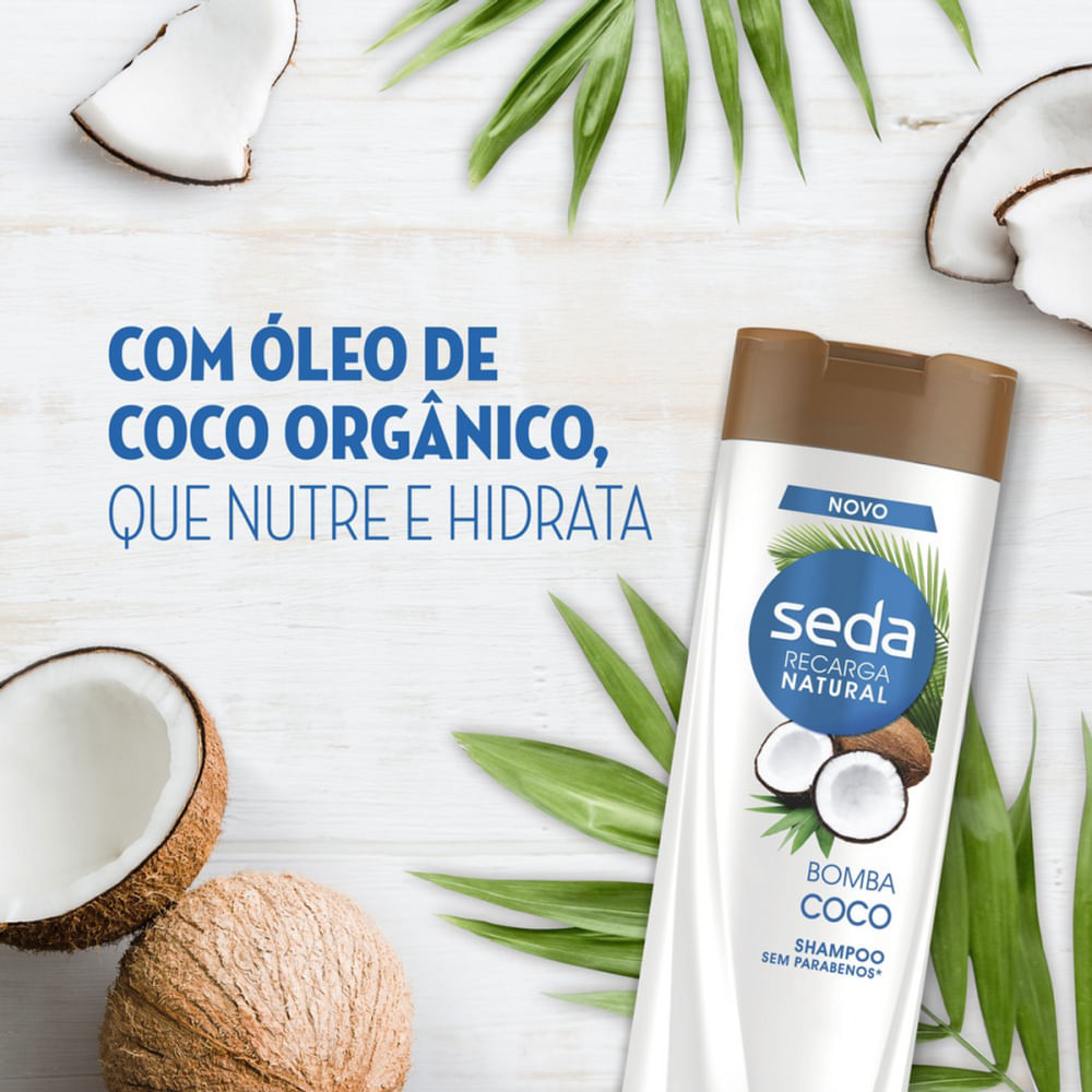 Shampoo Seda Bomba Coco 325ml com cocos cortados e folhas verdes