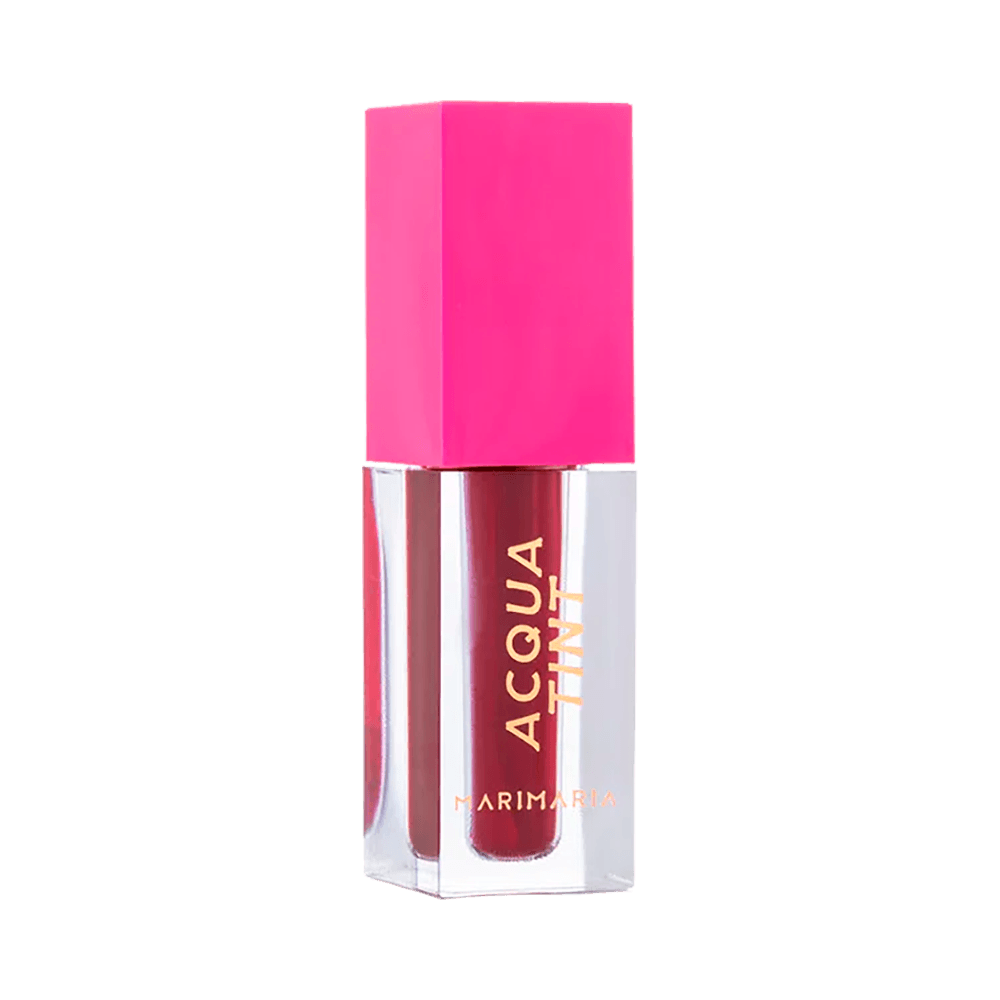 Batom Mari Maria Acqua Tint Gummy - embalagem transparente mostrando cor vermelha e tampa rosa