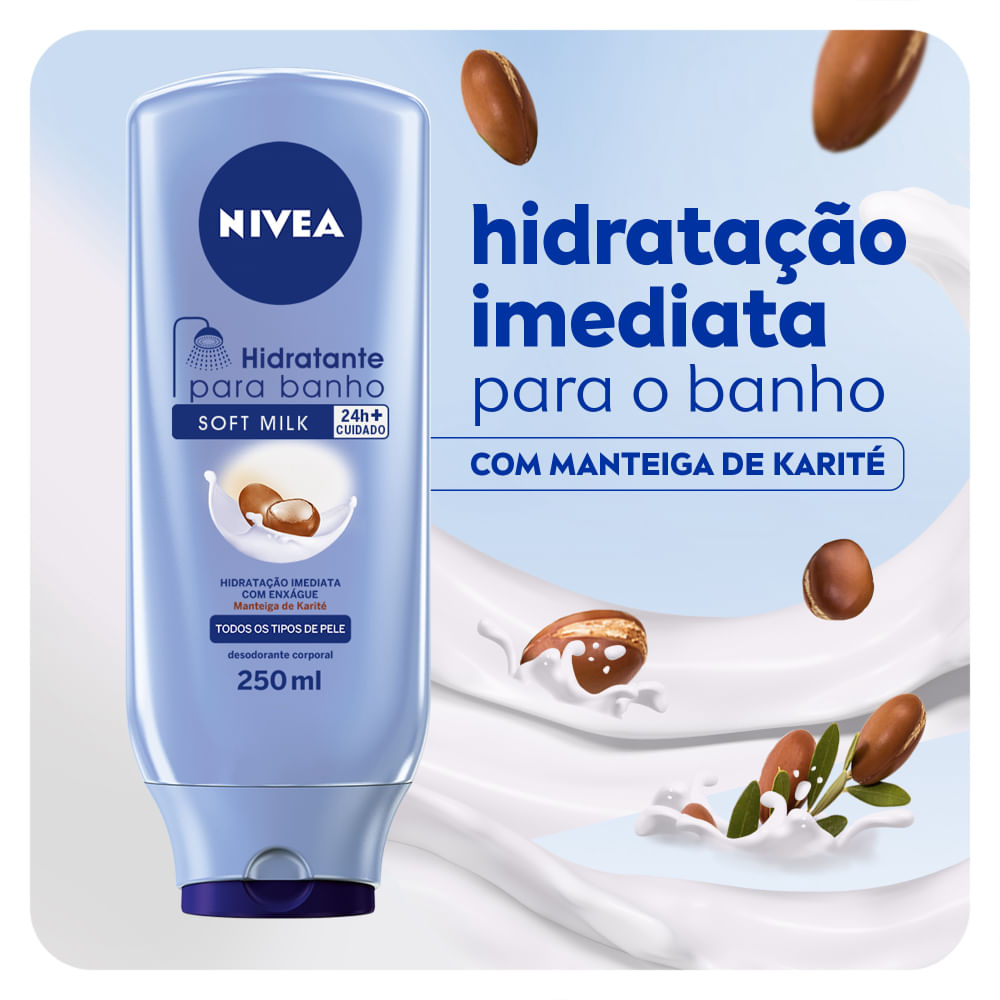 Detalhe do frasco Nivea Body Soft Milk 250ml com destaque nos benefícios