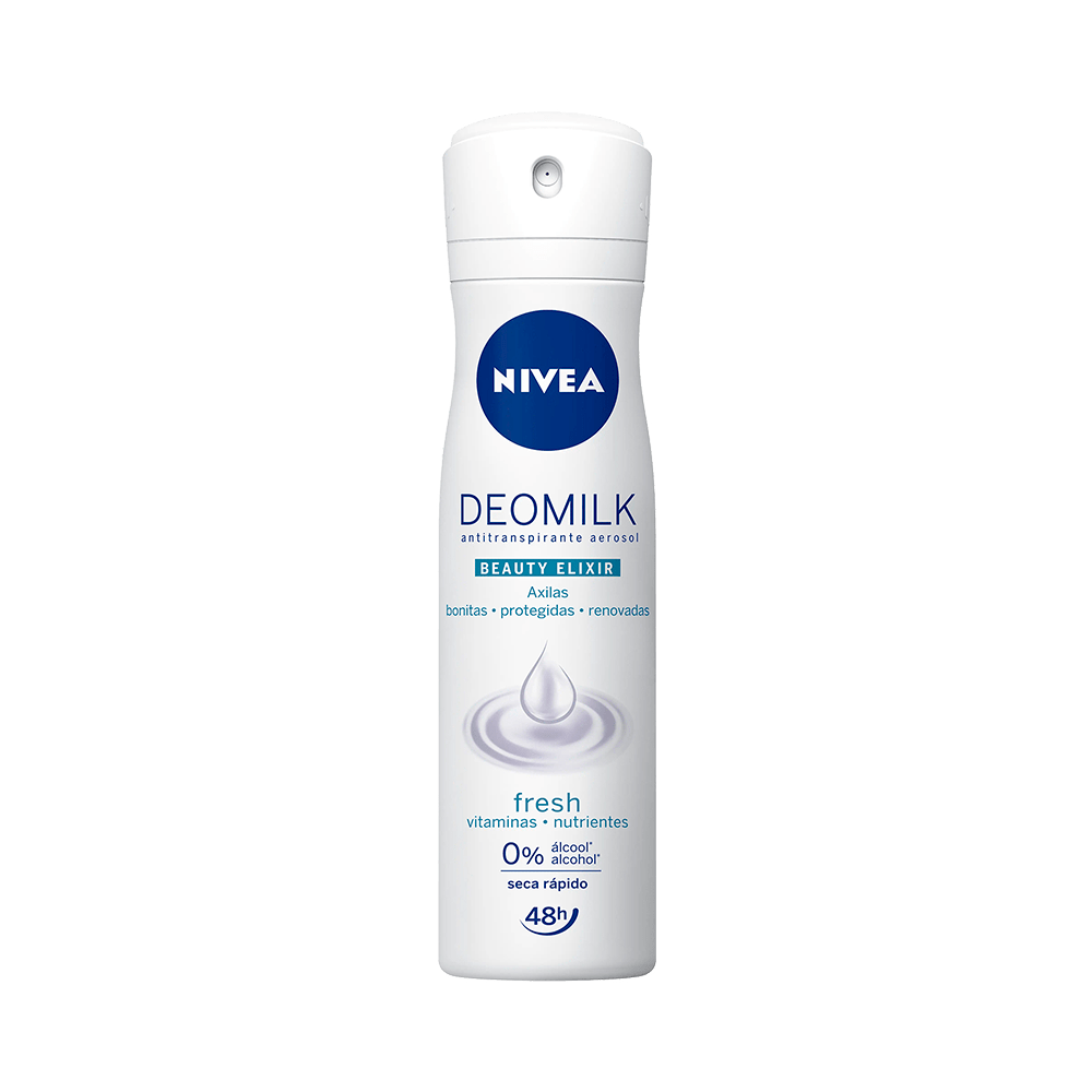Frasco do desodorante NIVEA Deomilk Fresh 150ml com destaque para benefícios e selo 0% álcool