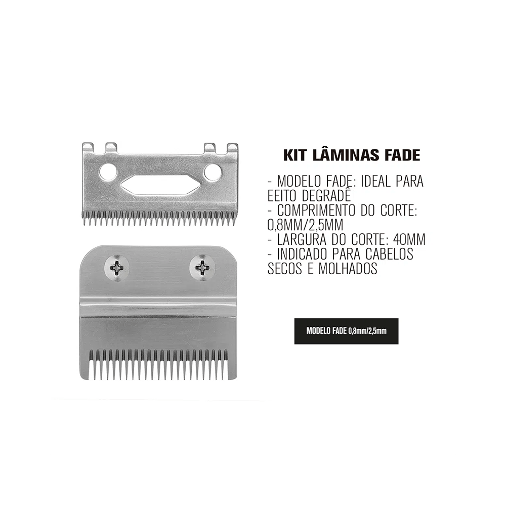 Imagem explicativa do Kit Lâminas Fade Vertix com especificações do corte