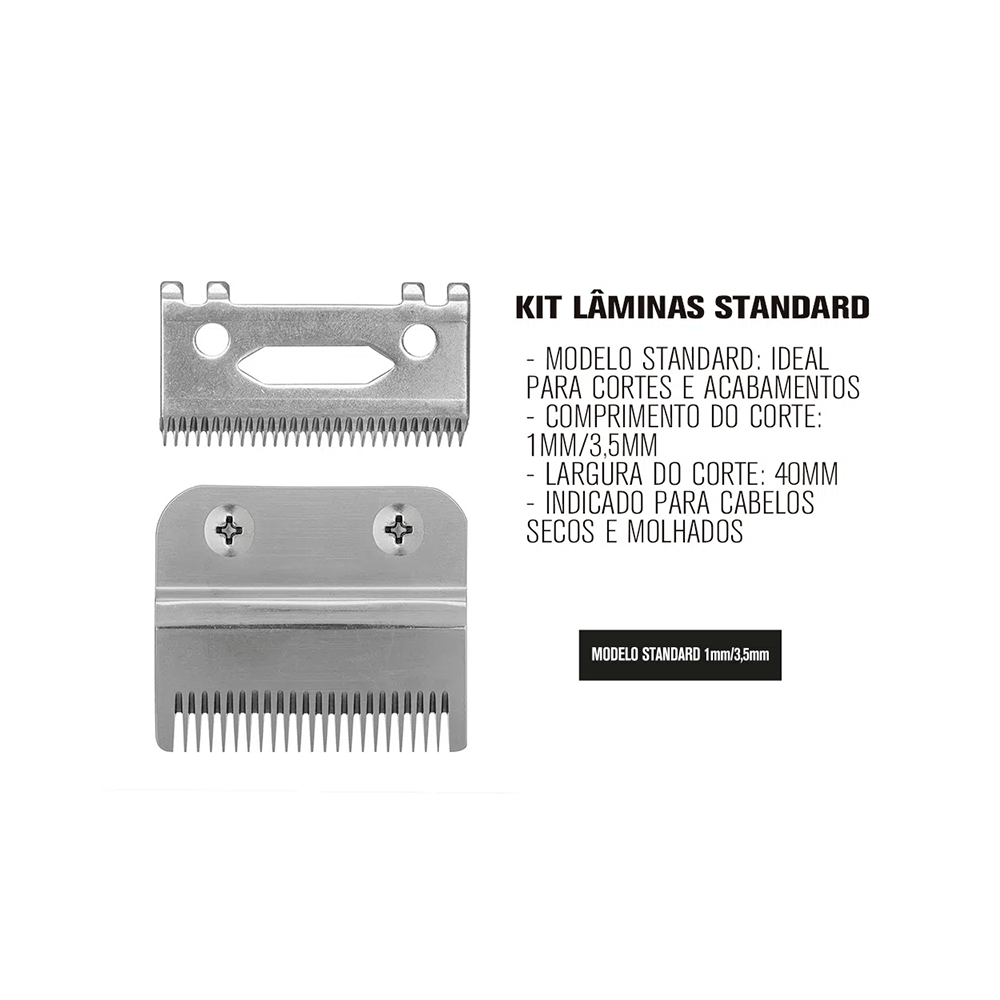 Especificações do Kit Lâminas Standard Vertix mostrando cortes e medidas