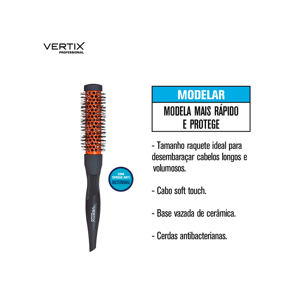 Escova Vertix Grey Antibac Ceramic Pro 25 com lista de atributos e acabamento em cinza e laranja