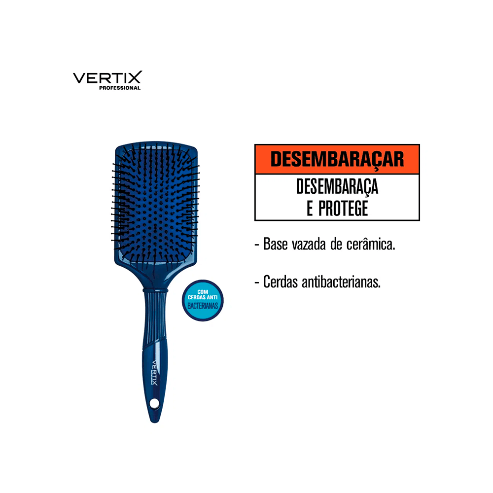 Escova Vertix Blue Antibac Pro Raquete com destaque para base vazada e cerdas