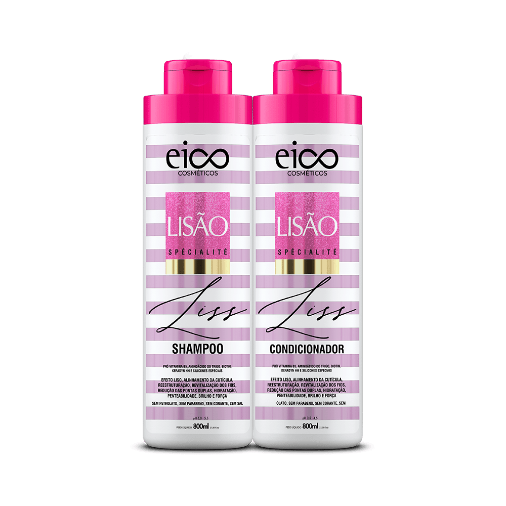 Kit Eico Lisão shampoo e condicionador 800ml embalagem branca com detalhes lilás e tampa rosa
