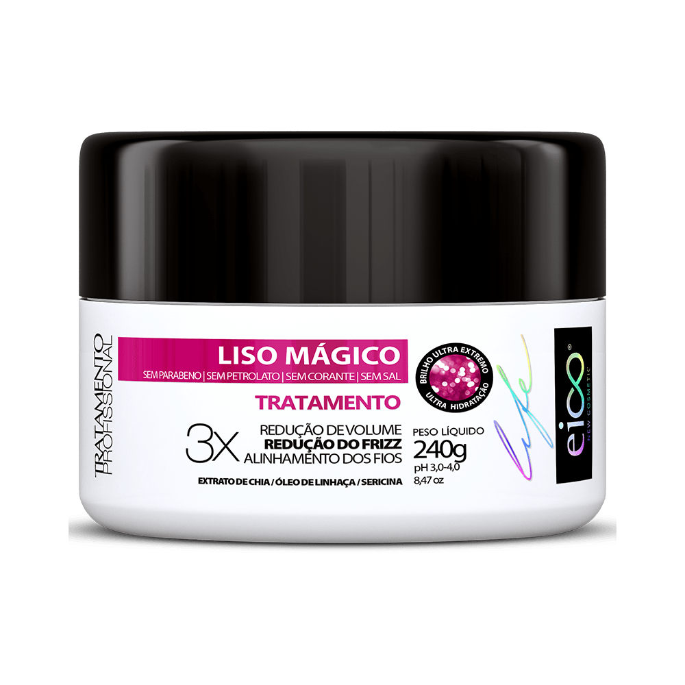 Creme de Tratamento Eico Life Liso Mágico 240g - pote branco com tampa preta, rótulo Liso Mágico
