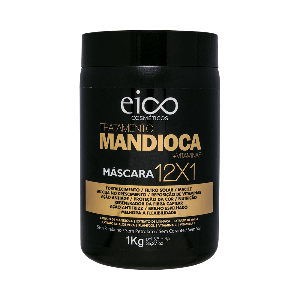 Pote preto da Máscara Eico Tratamento Mandioca 1000g visto frontalmente