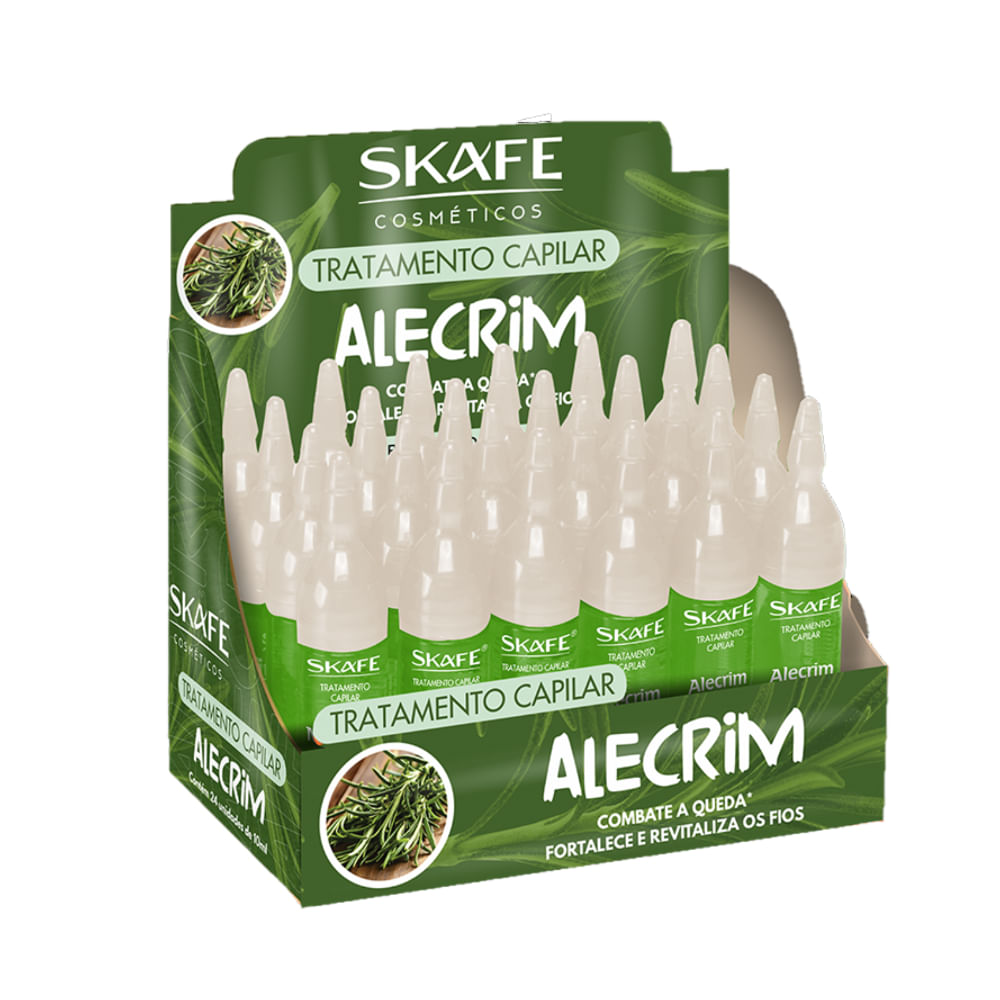 Display com múltiplas ampolas Skafe Alecrim 10ml em embalagem verde e branca