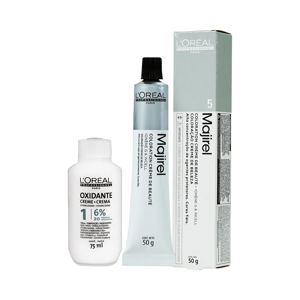 Coloração Majirel 5 L'Oréal Professionnel com oxigenada 20 volumes - embalagem prateada e tubo metálico