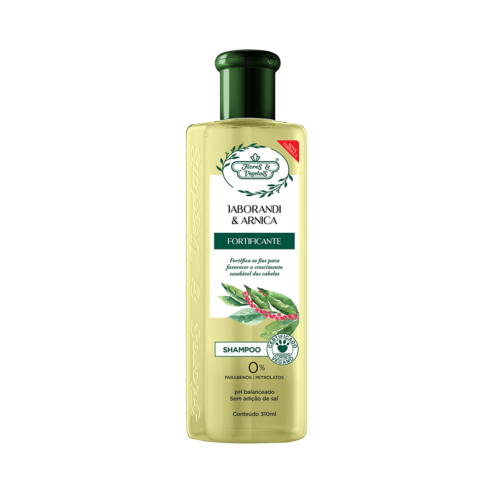 Frente da embalagem do Shampoo Flores & Vegetais Jaborandi & Arnica Fortificante 310ml