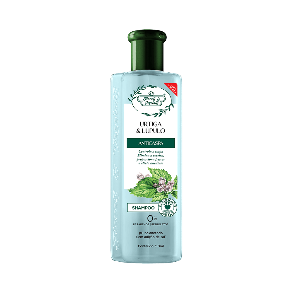 Shampoo Flores & Vegetais Urtiga e Lúpulo Anticaspa 310ml - frasco translúcido azul com tampa verde, rótulo com selo vegano