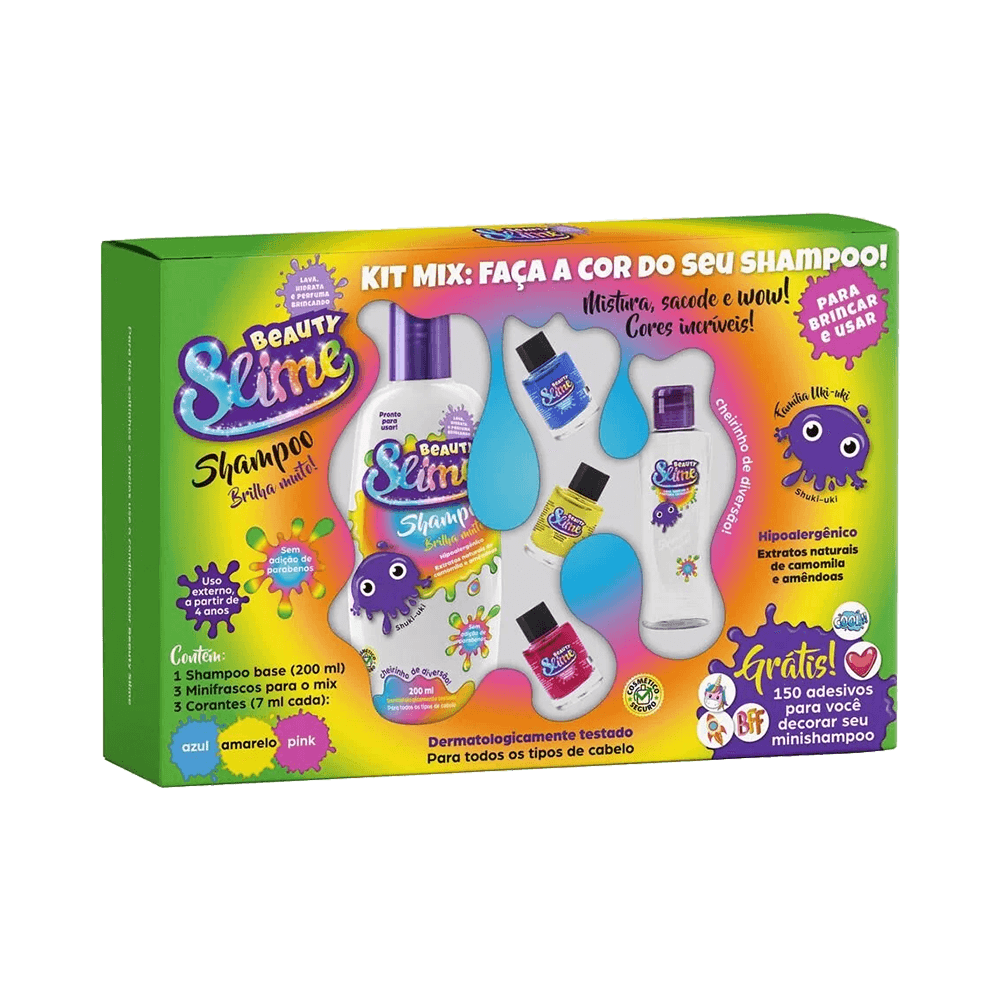 Kit Mix Beauty Slime Faça a Cor do seu Shampoo - embalagem com shampoo base 200 ml e três frascos de corantes