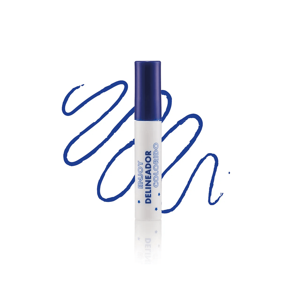 Delineador Frederika com traço azul representando o acabamento do produto