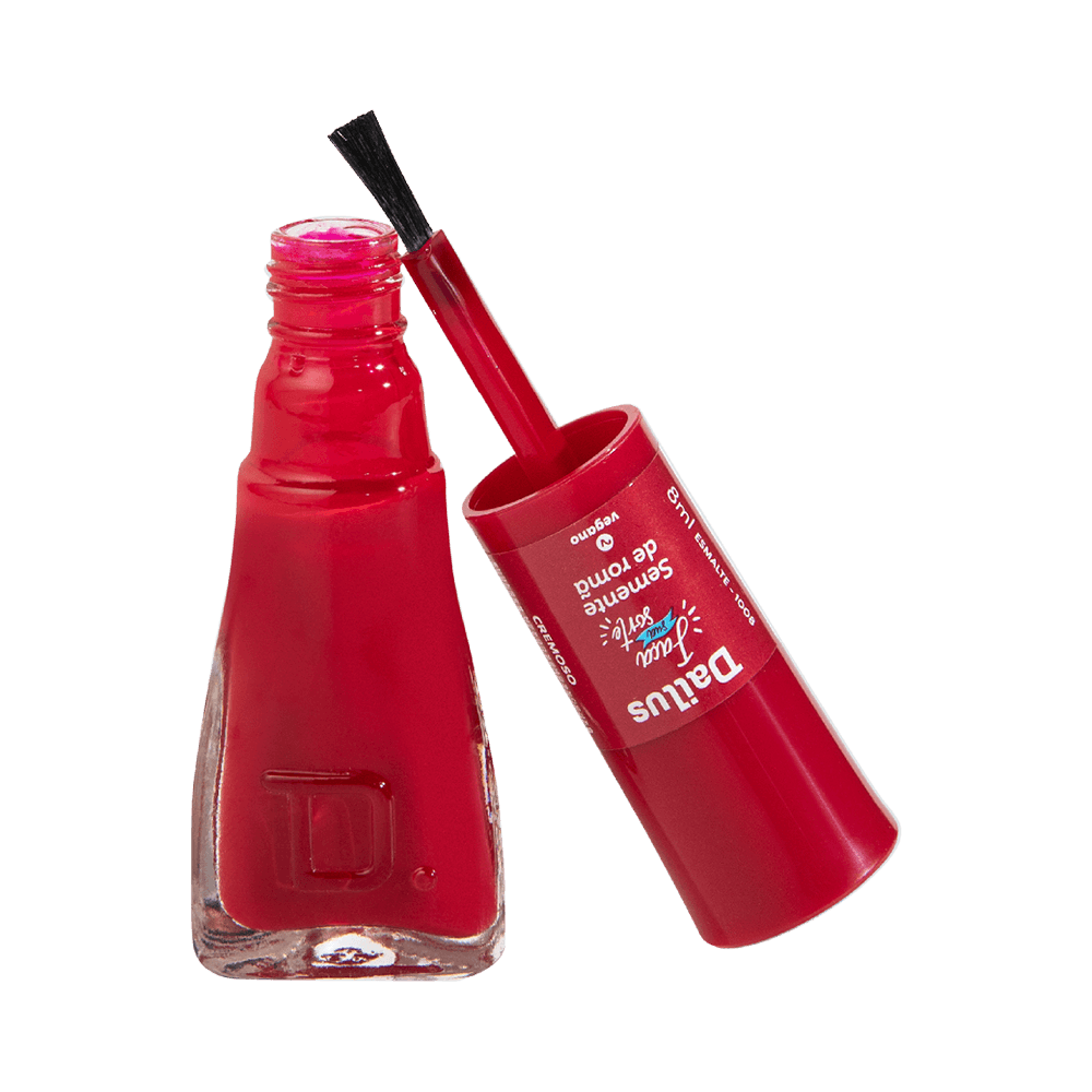Esmalte Dailus aberto mostrando o pincel com esmalte vermelho cremoso