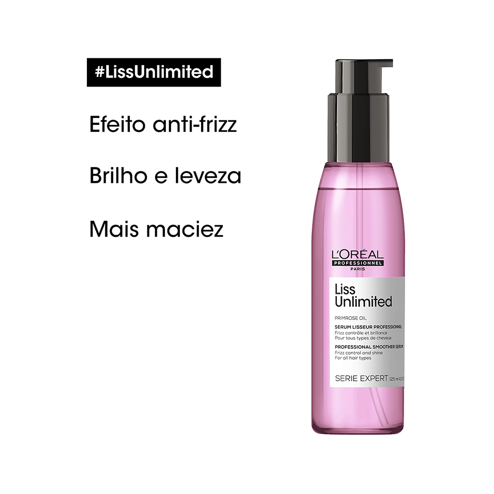 Frasco do sérum com destaque para efeito anti-frizz, brilho e leveza