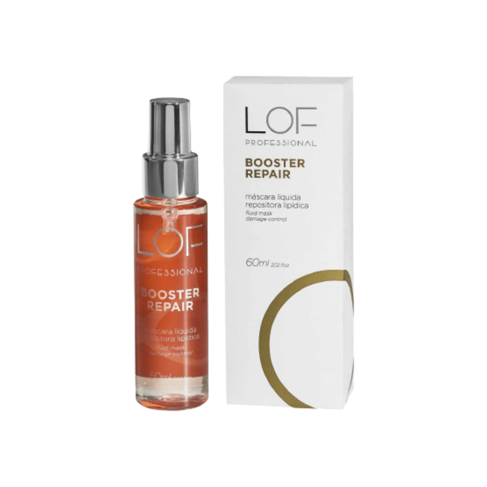 Máscara Líquida LOF Professional Booster Repair 60ml em frasco spray, embalagem e produto em fundo branco