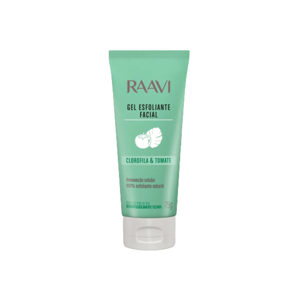 Gel Esfoliante Facial Raavi Clorofila & Tomate 75g - tubo verde-menta com tampa flip
