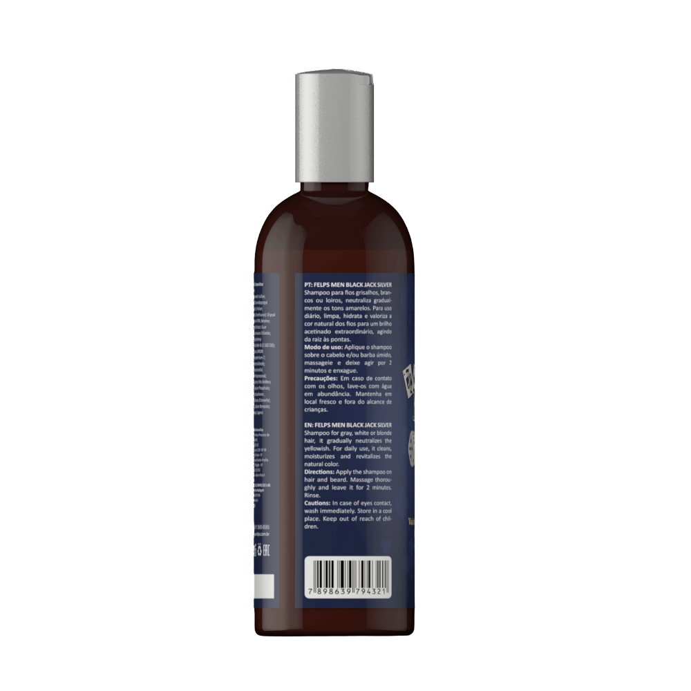 Imagem traseira do Shampoo Felps Black Jack Silver com instruções e informações
