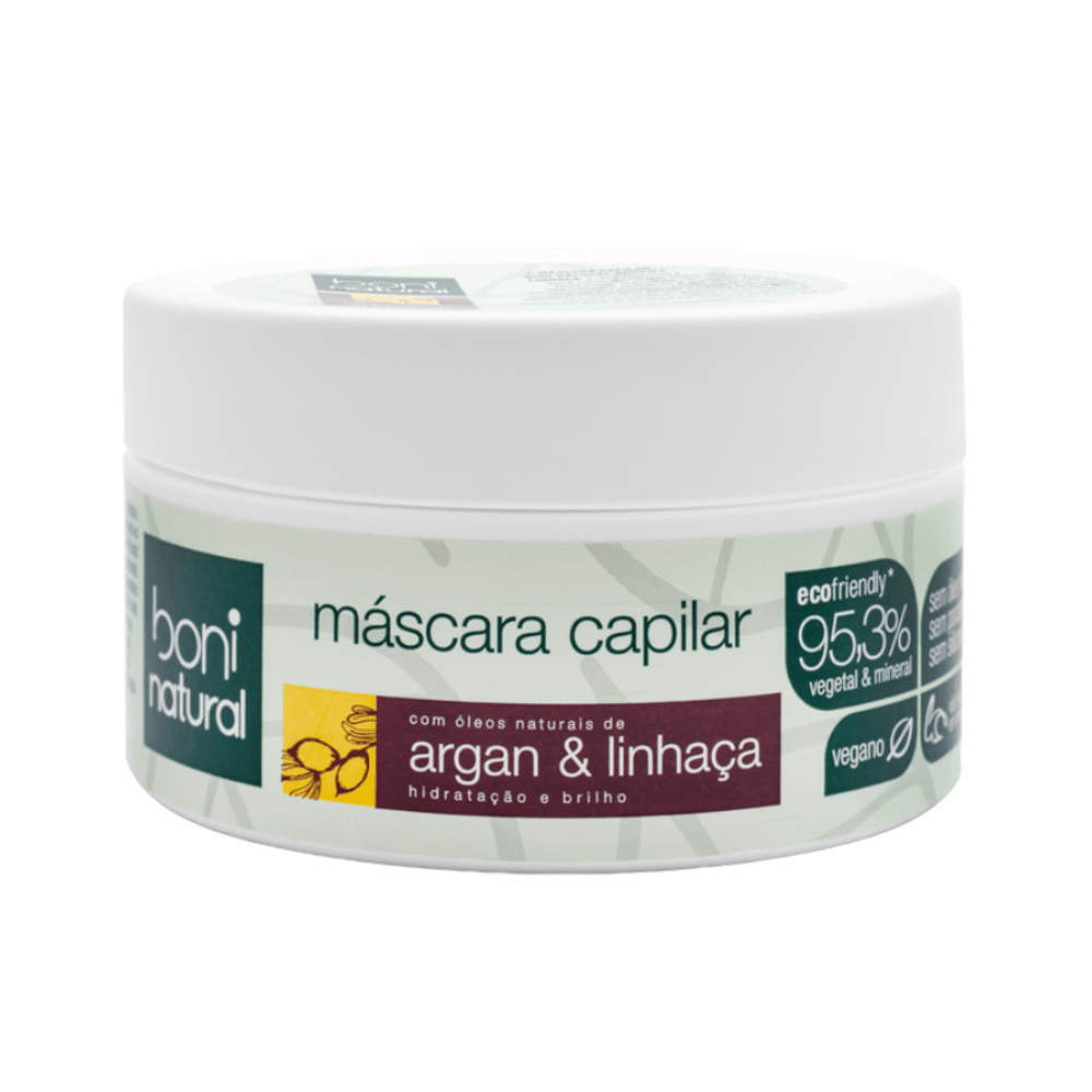Pote da Máscara Capilar Boni Natural Argan e Linhaça 250g visto frontalmente