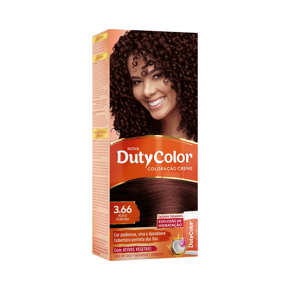 Embalaem da coloração DutyColor 3.66 Acaju Púrpura mostrando a cor vibrante e ativos como óleo de coco, queratina e colágeno